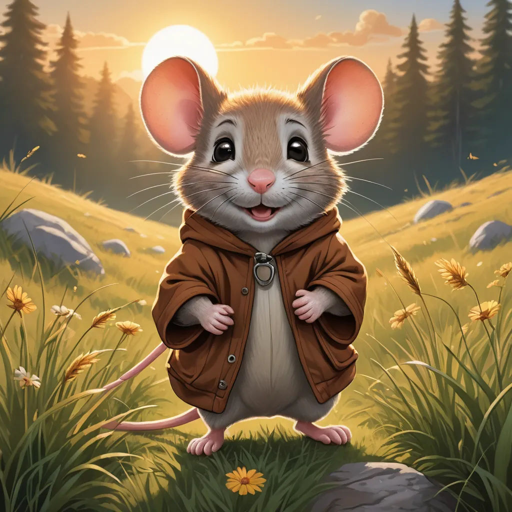 a mouse in a brown jacket standing in a field of grass and flowers with the sun in the background, sots art, a character portrait, Dave Melvin, kinkade