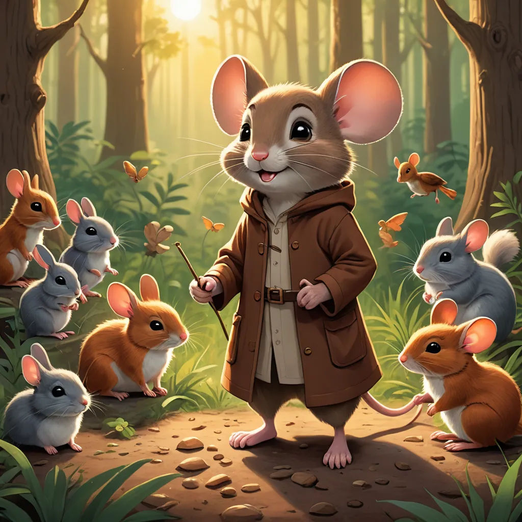 a mouse in a brown coat surrounded by mice in a forest with butterflies flying around him and a man in a brown coat, furry art, a character portrait, Chris LaBrooy, official art