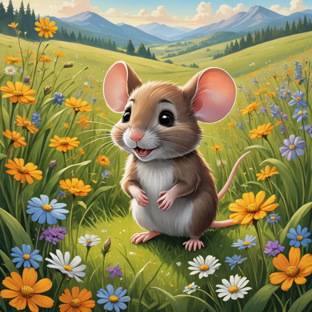 a mouse sitting in a field of flowers and daisies with mountains in the background and a sky with clouds, sots art, a storybook illustration, Chris LaBrooy, official art