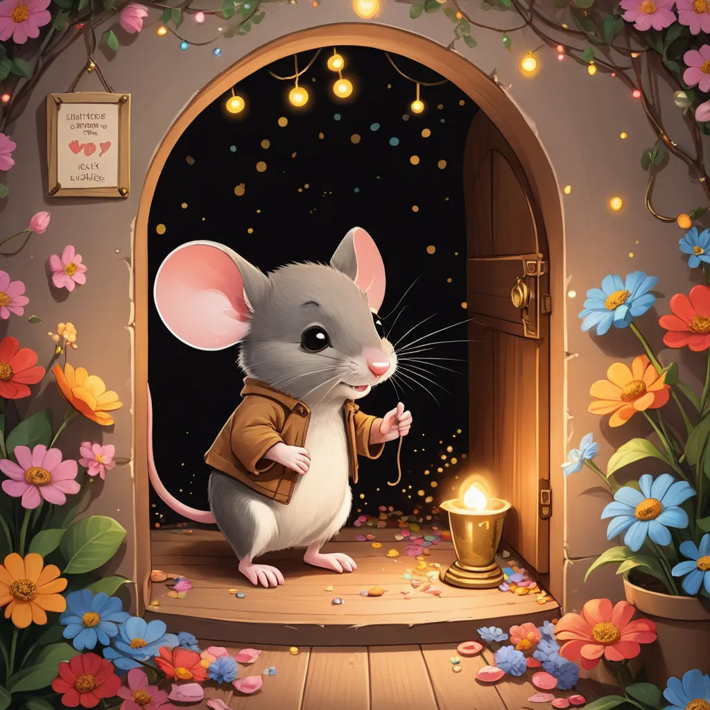 a mouse is standing in a doorway with a light in it's hand and a flowery background, fantasy art, a storybook illustration, Chris LaBrooy, storybook illustration