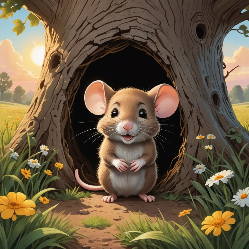 a mouse sitting in a hole in a tree with daisies around it and a sky background with clouds, sots art, a storybook illustration, Chris LaBrooy, storybook illustration