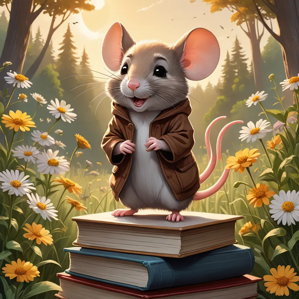 a mouse is standing on a stack of books in a forest with daisies and daisies around it, furry art, a character portrait, Aaron Jasinski, kinkade