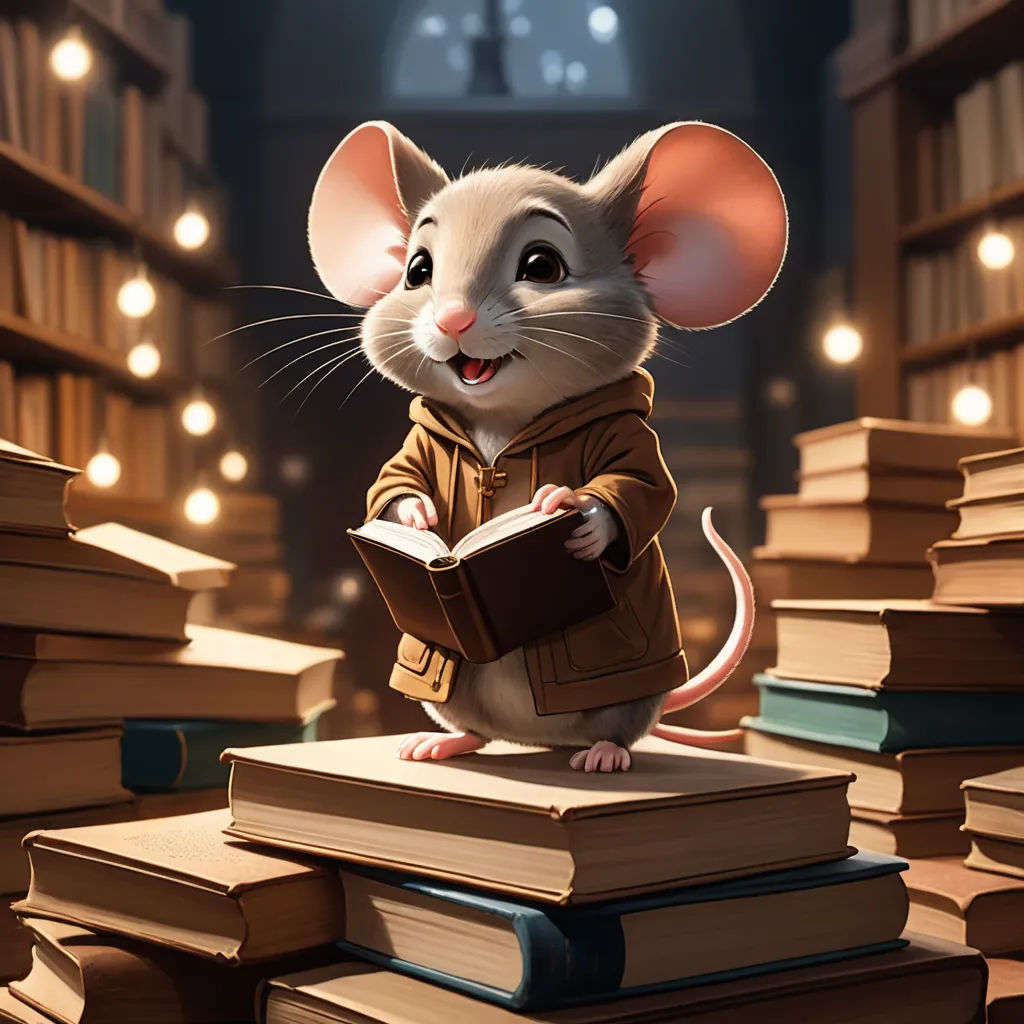a mouse is reading a book in a library with books on the floor and a clock in the background, furry art, a storybook illustration, Chris LaBrooy, storybook illustration