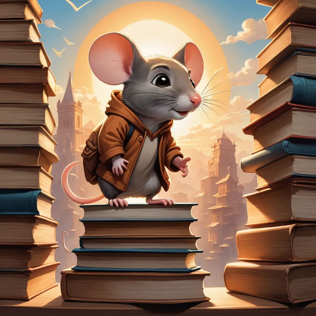 a mouse is standing on a stack of books and looking out of a window at the city below it, fantasy art, a storybook illustration, Aaron Jasinski, magic the gathering artwork