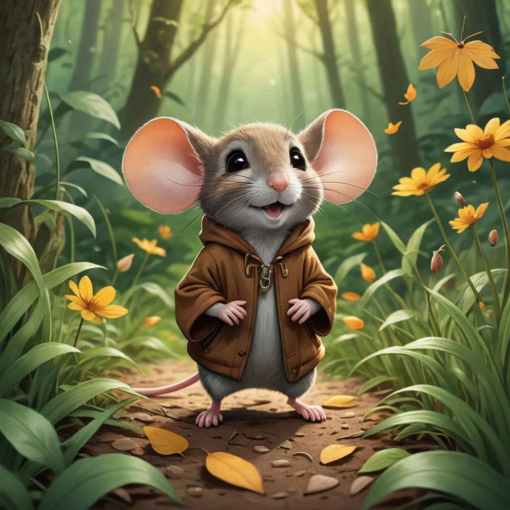 a mouse in a brown jacket standing in a forest with yellow flowers and leaves on the ground and a forest background, fantasy art, a digital painting, Chris LaBrooy, trending on art station