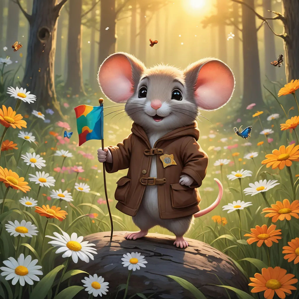 a mouse holding a flag standing on a rock in a forest with daisies and butterflies around it,, furry art, a digital painting, Chris LaBrooy, official art