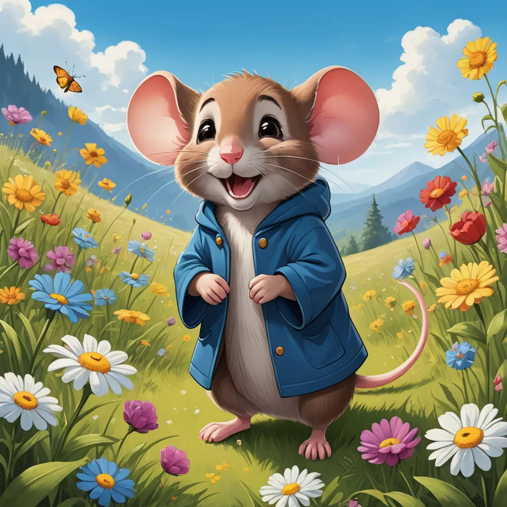 a mouse in a field of flowers with a butterfly flying above it and a butterfly flying above it,, furry art, a character portrait, Chris LaBrooy, official art