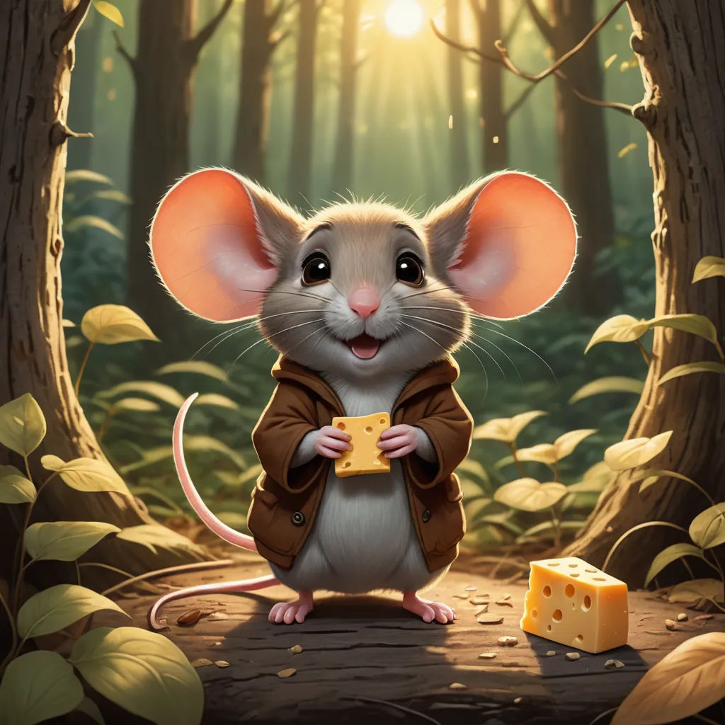 a mouse with a piece of cheese in its hand in a forest setting with a sun shining through the trees, furry art, a digital painting, Chris LaBrooy, kinkade