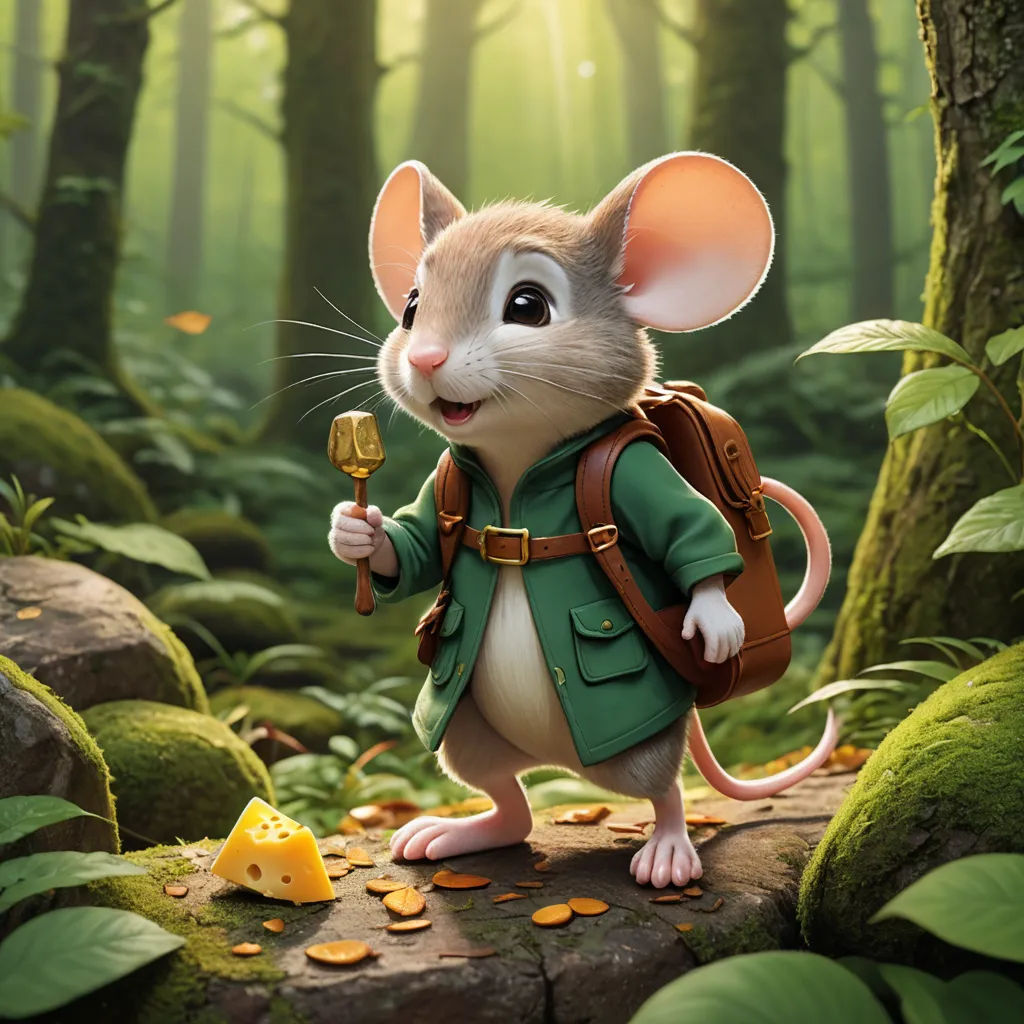 a mouse with a backpack and a pickle in a forest with leaves and rocks, holding a pickle, sots art, a storybook illustration, Chris LaBrooy, official art