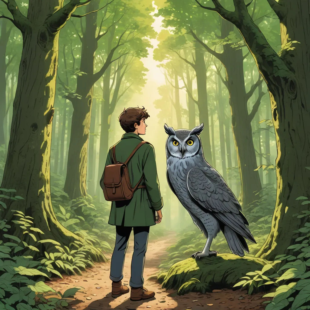 a man standing in a forest with an owl on his shoulder and a backpack on his shoulder, looking at him, fantasy art, poster art, Diego Gisbert Llorens, official art