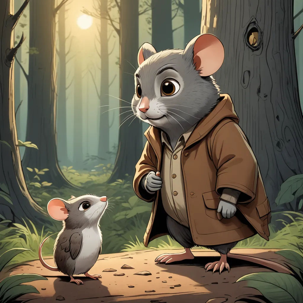 a mouse and a rat in a forest with a sun in the background illustration by alex macgrew, sots art, a storybook illustration, Cliff Childs, official art