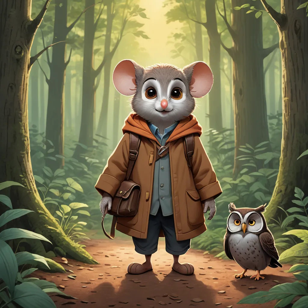 a mouse in a brown jacket standing next to an owl in a forest with trees and leaves on the ground, sots art, a character portrait, Chris LaBrooy, official art