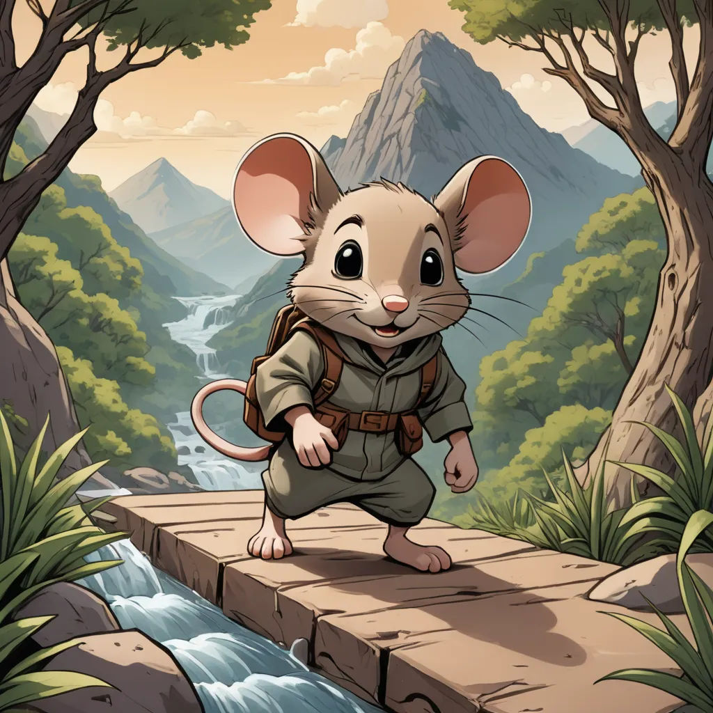 a mouse is walking across a bridge over a river in a forest with mountains and trees in the background, sots art, a character portrait, Cliff Childs, magic the gathering artwork