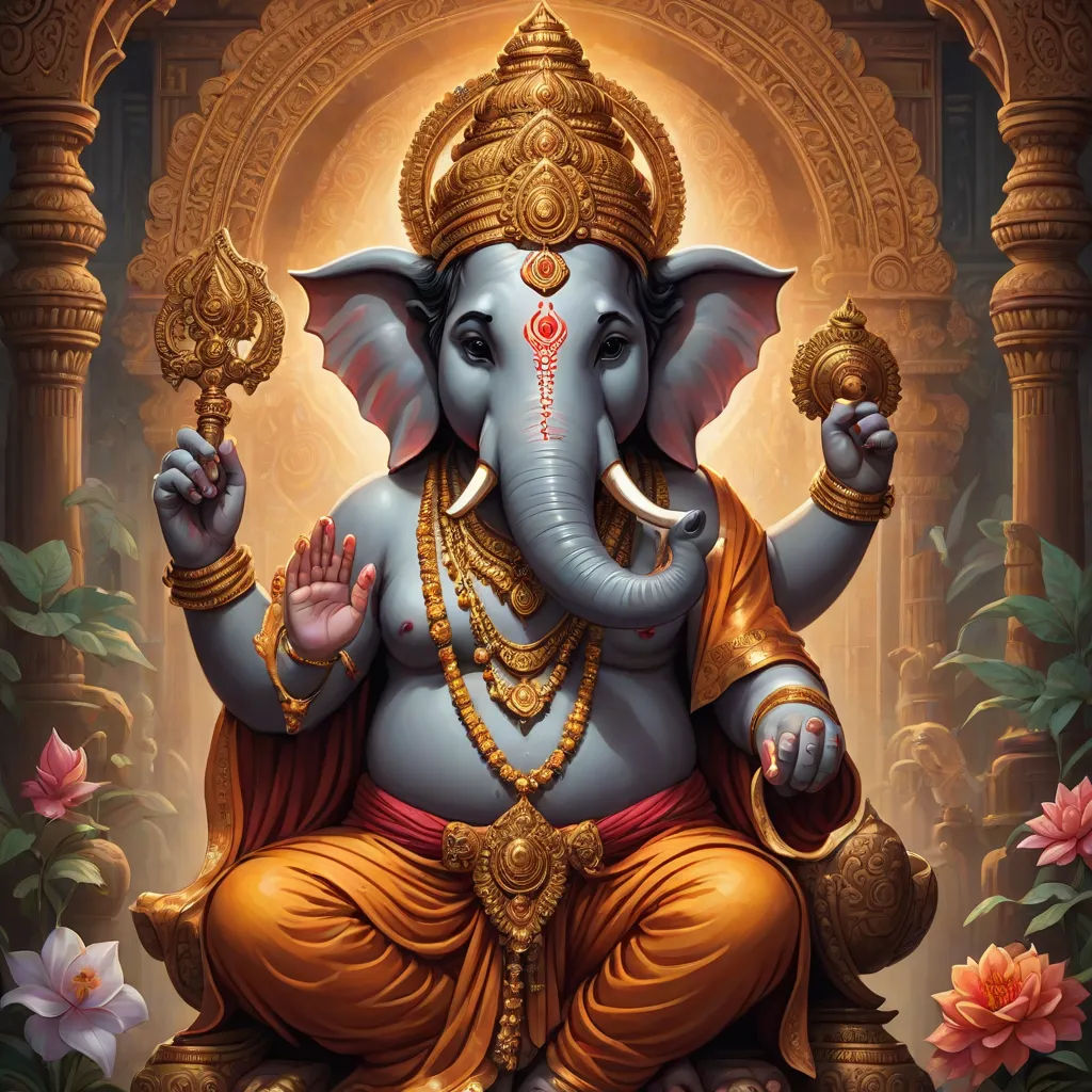 a painting of a ganeshi sitting in a temple surrounded by flowers and trees, with a golden crown on his head, samikshavad, a bronze sculpture, Ella Guru, divinity