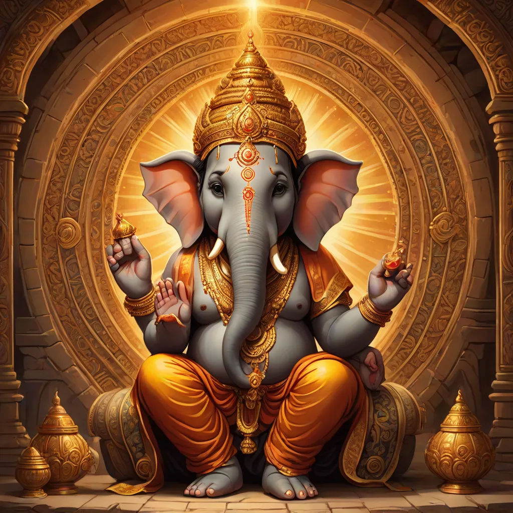 a painting of an elephant with a light shining on it's head and trunk, sitting in front of a doorway, samikshavad, a detailed painting, Ella Guru, highly detailed digital painting