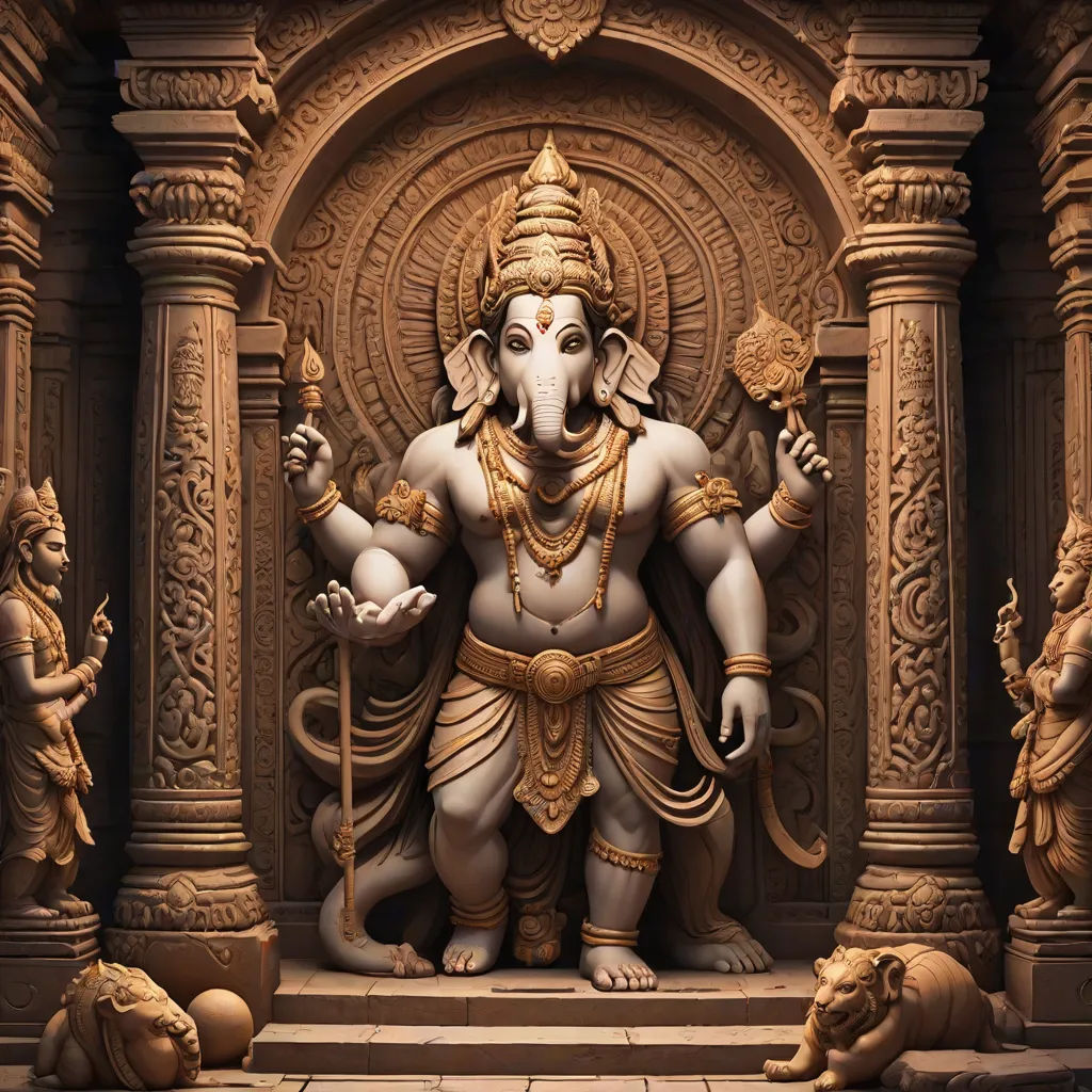 a statue of a god in a temple with a dog laying on the ground next to it and a statue of a lion, samikshavad, a bronze sculpture, Bapu, cgstudio