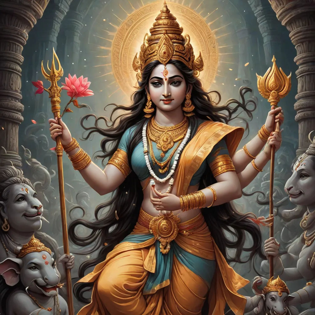 a painting of a woman holding a flower and a stick in her hand with other people around her and a temple in the background, samikshavad, a detailed painting, Ella Guru, official art