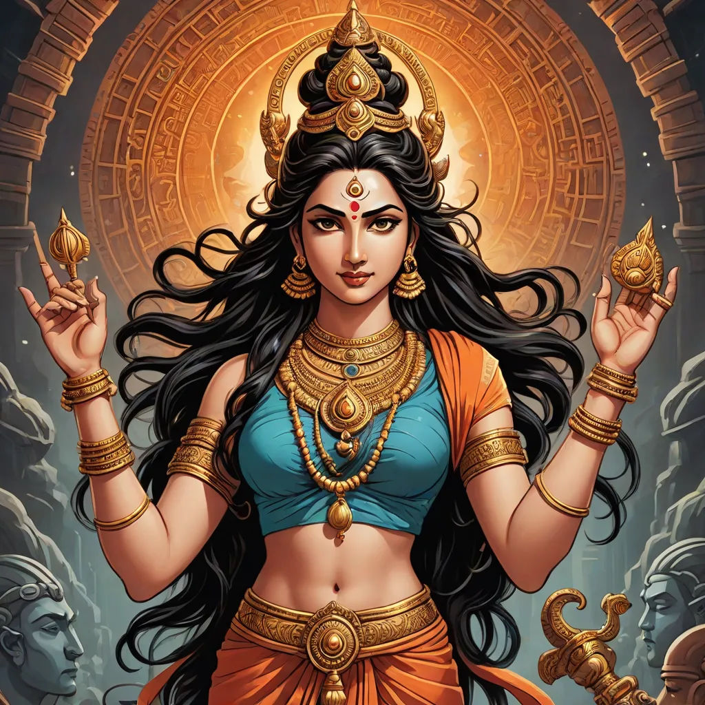 a woman in a blue and orange outfit holding a gold object in her hands and a golden object in her hand, samikshavad, a detailed painting, Ella Guru, maya