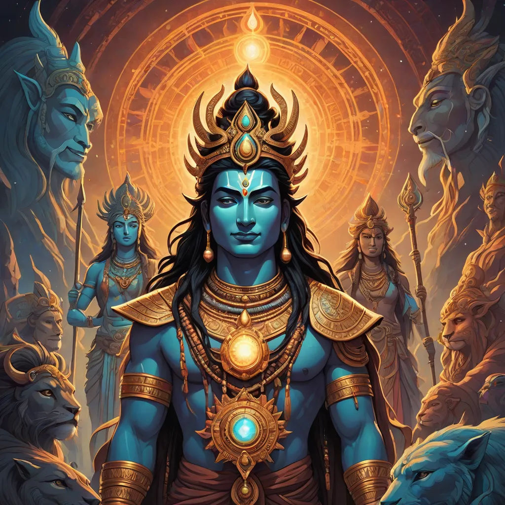 a painting of a man with a blue face and gold body and two other men in the background with a golden halo, samikshavad, a detailed painting, Android Jones, comic cover art