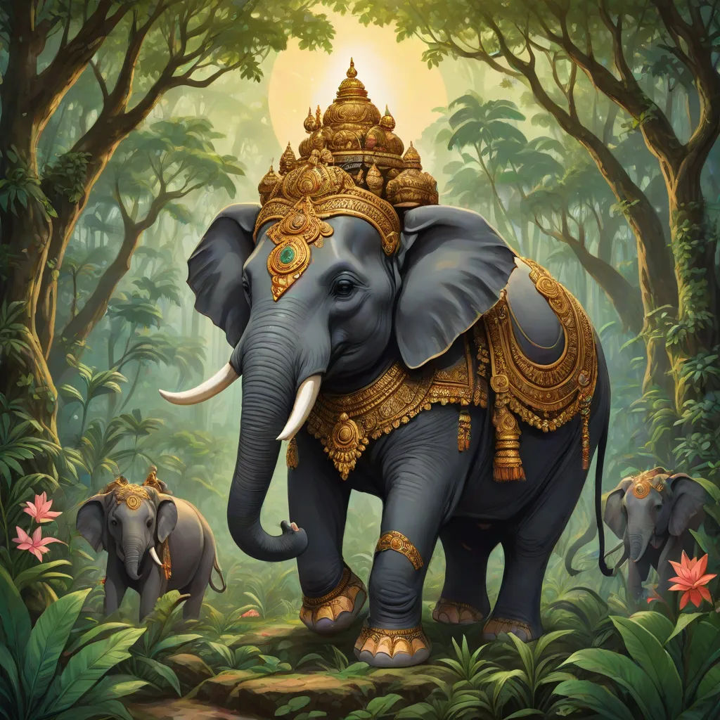 a painting of an elephant with a crown on its head in the jungle with other elephants nearby and a golden crown on its head, sumatraism, a detailed painting, Christophe Vacher, highly detailed digital painting