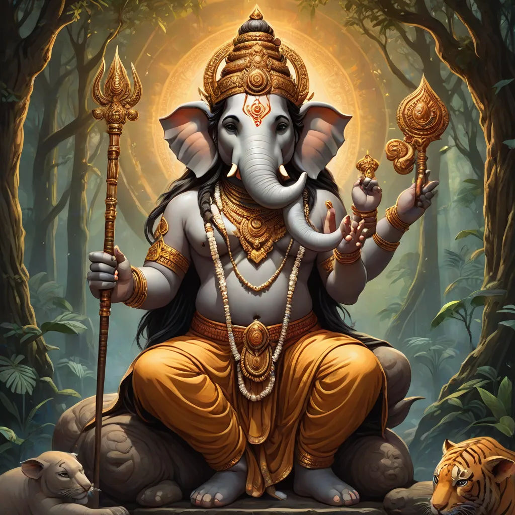 a painting of a ganeshi sitting in the woods with a tiger nearby and a light shining on the ground, samikshavad, a detailed painting, Ella Guru, highly detailed digital painting