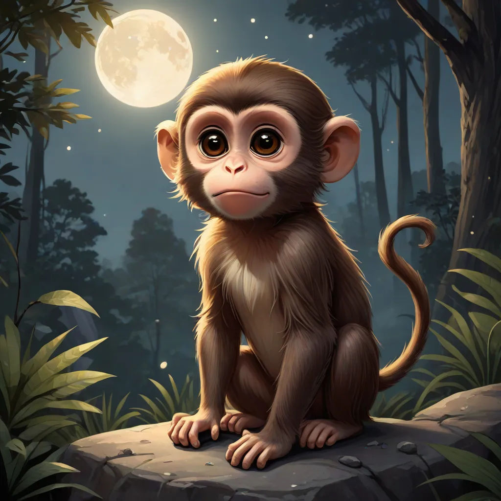 a monkey sitting on a rock in the forest at night with a full moon in the background and a tree with leaves, Alex Petruk APe, fantasy art, a character portrait, highly detailed digital painting