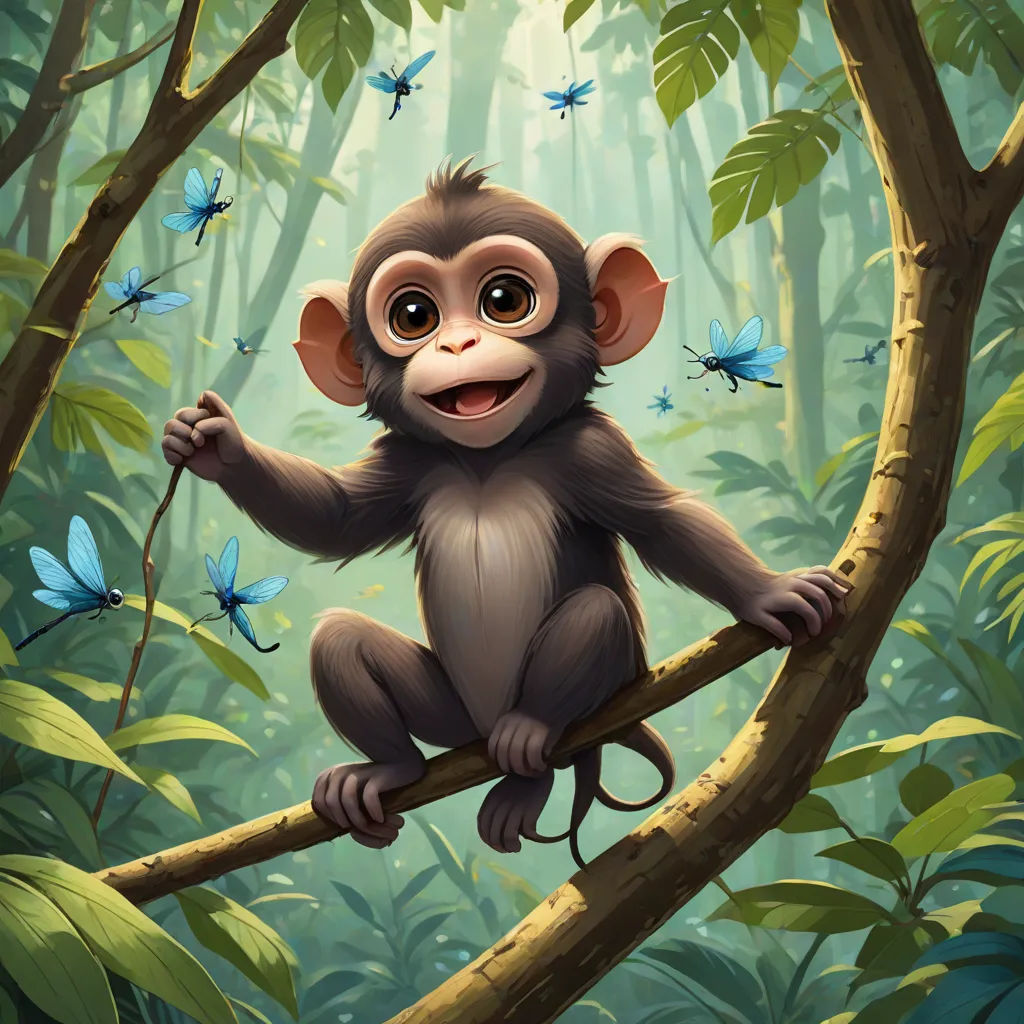 a monkey sitting on a branch in a jungle with butterflies around it and a butterfly in the background,, Eddie Mendoza, fantasy art, a digital painting, highly detailed digital painting
