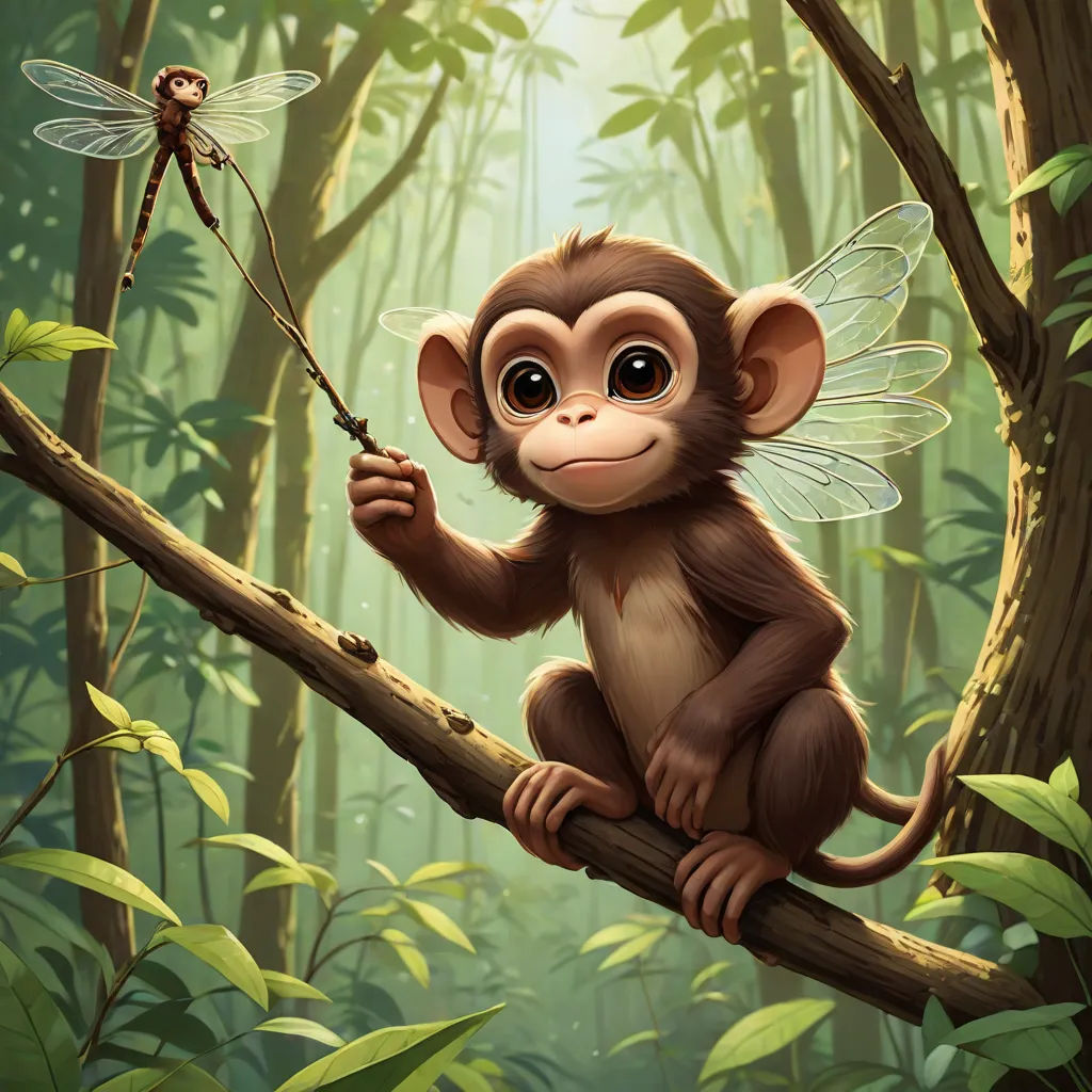 a monkey on a branch with a dragon on its back in a jungle with trees and plants, and a dragon on the branch, Ed Binkley, fantasy art, a storybook illustration, highly detailed digital painting