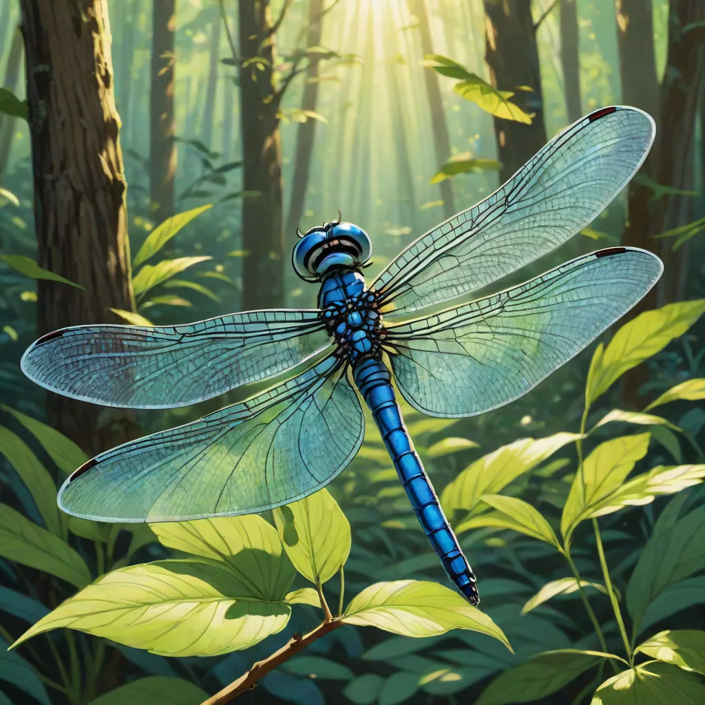 a blue dragonfly sitting on top of a leaf covered tree branch in a forest filled with green leaves, Dan Mumford, fantasy art, a detailed painting, highly detailed digital painting