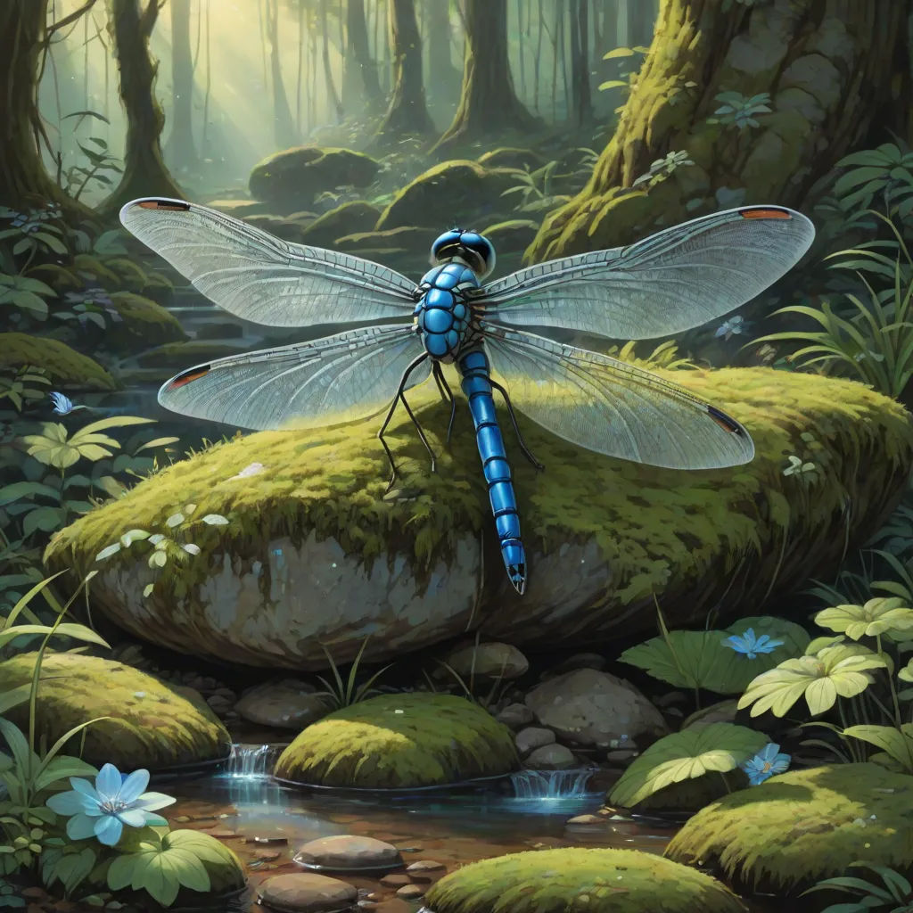 a blue dragonfly sitting on a rock in a forest with a stream running through it's foreground, Ed Binkley, magic realism, an airbrush painting, magic the gathering artwork