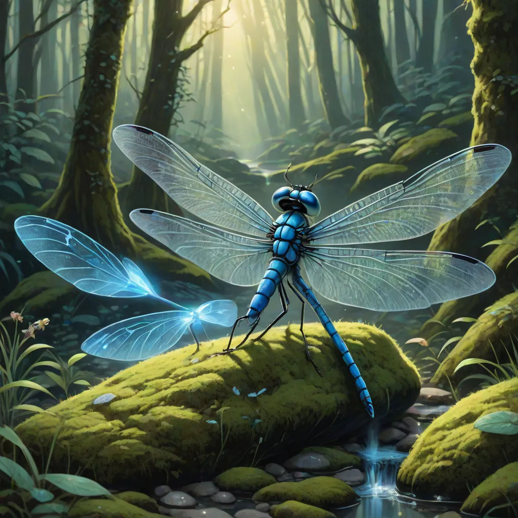 a blue dragonfly sitting on a mossy rock in a forest with a stream running through it's center, Christophe Vacher, fantasy art, an airbrush painting, magic the gathering artwork