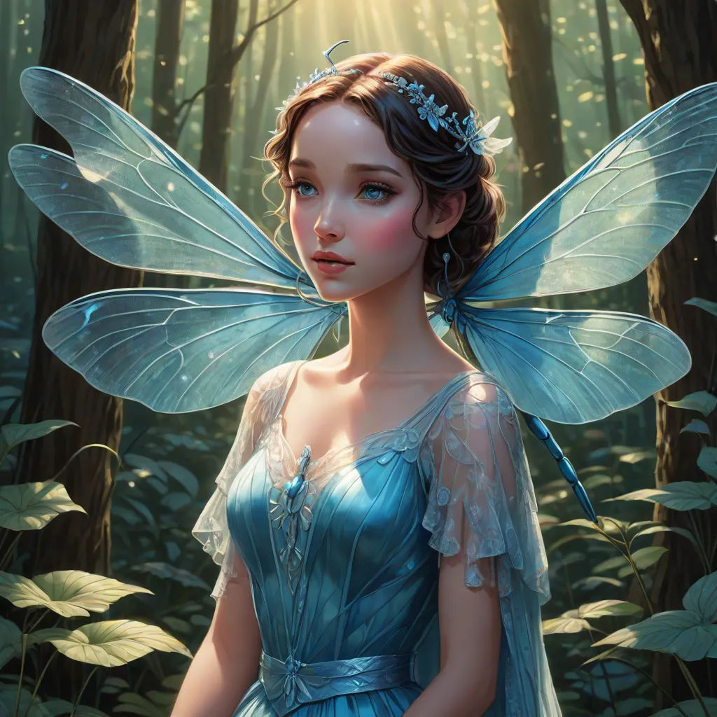 a beautiful fairy in a blue dress in the woods with a butterfly wings on her head and a tiara on her head, Anne Stokes, fantasy art, a detailed painting, rossdraws global illumination