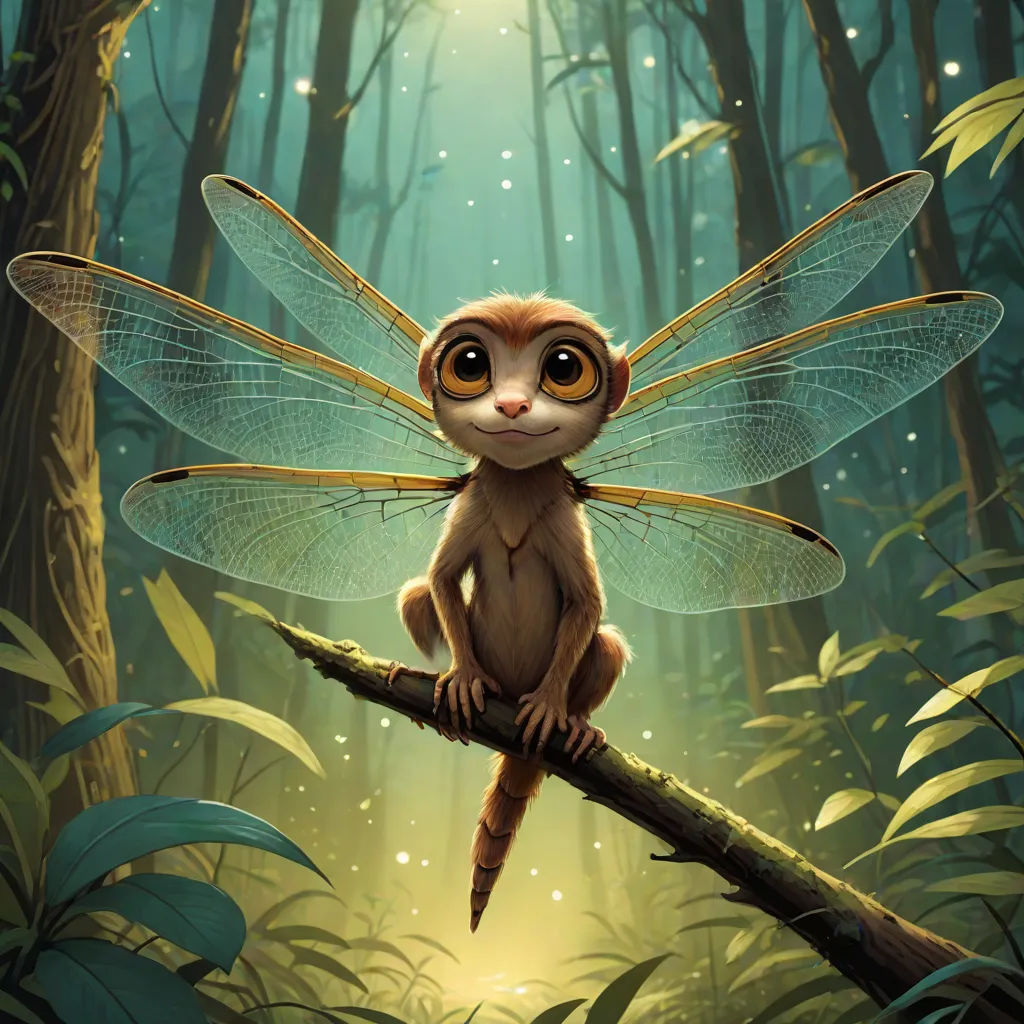 a cartoon character sitting on a branch in the woods with a dragon like body and wings on it's back, Ed Binkley, fantasy art, a storybook illustration, fireflies