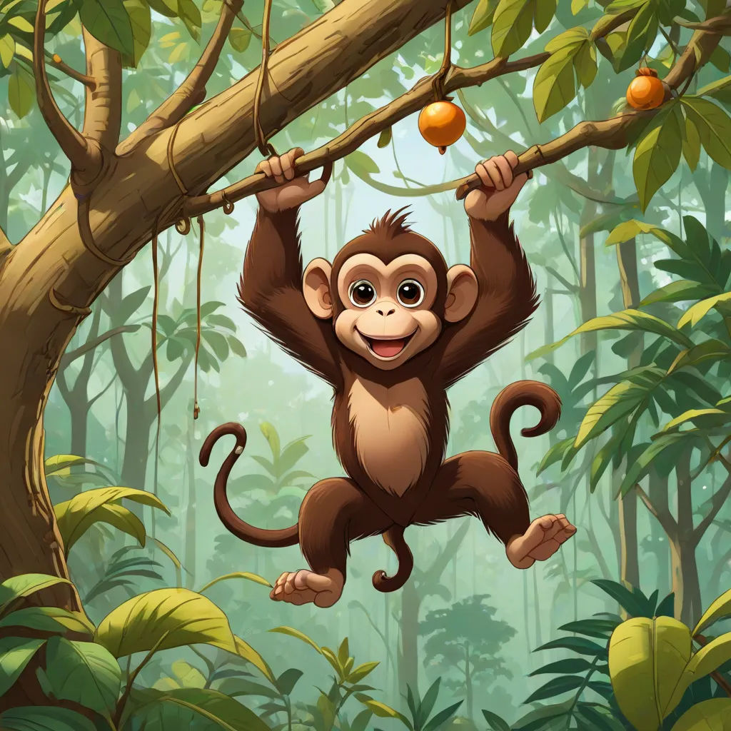 a monkey hanging from a tree in a jungle with an orange on its back and a branch with leaves, Alex Petruk APe, primitivism, a storybook illustration, jungle