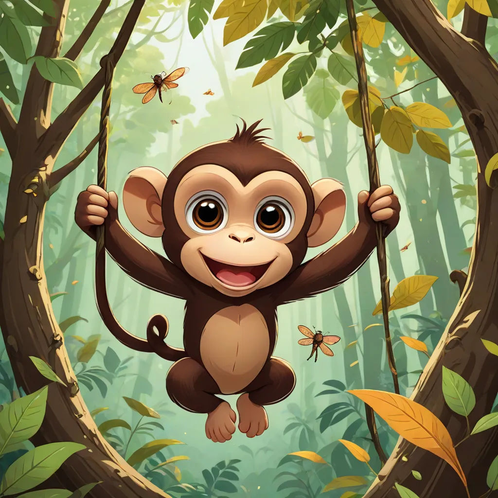 a monkey hanging on a tree branch in a forest with a dragon flying overhead and a bee flying overhead, Alex Petruk APe, primitivism, a storybook illustration, jungle
