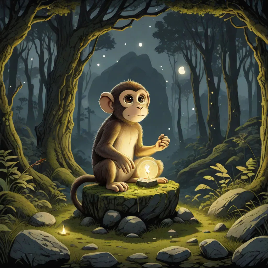 a monkey sitting on a rock in a forest at night with a candle in its hand and a star in the sky above, Chris LaBrooy, fantasy art, a storybook illustration, rossdraws global illumination