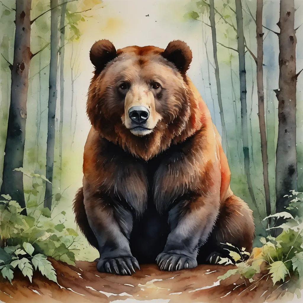 a painting of a bear sitting in the woods with trees in the background and leaves on the ground around it, furry art, a watercolor painting, Brom, in gouache detailed paintings