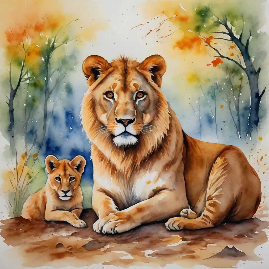 a painting of a lion and a cub sitting in the dirt with trees in the background and watercolor on paper, bengal school of art, a watercolor painting, Anthony Devas, oil painting