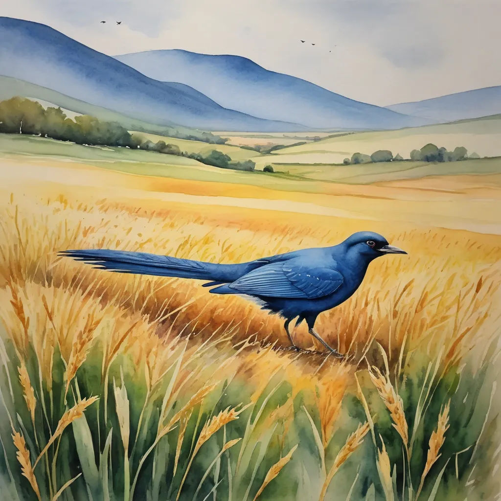 a painting of a blue bird in a field of wheat with mountains in the background and a blue sky, american scene painting, a watercolor painting, David Martin, in gouache detailed paintings