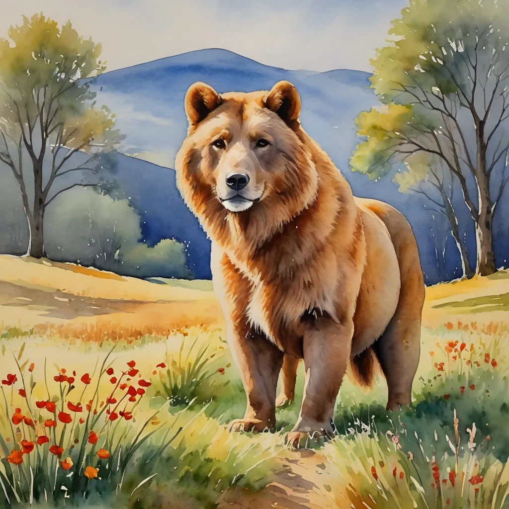 a painting of a bear standing in a field of flowers and trees with mountains in the background and a blue sky, figurative art, a watercolor painting, Chris LaBrooy, watercolor