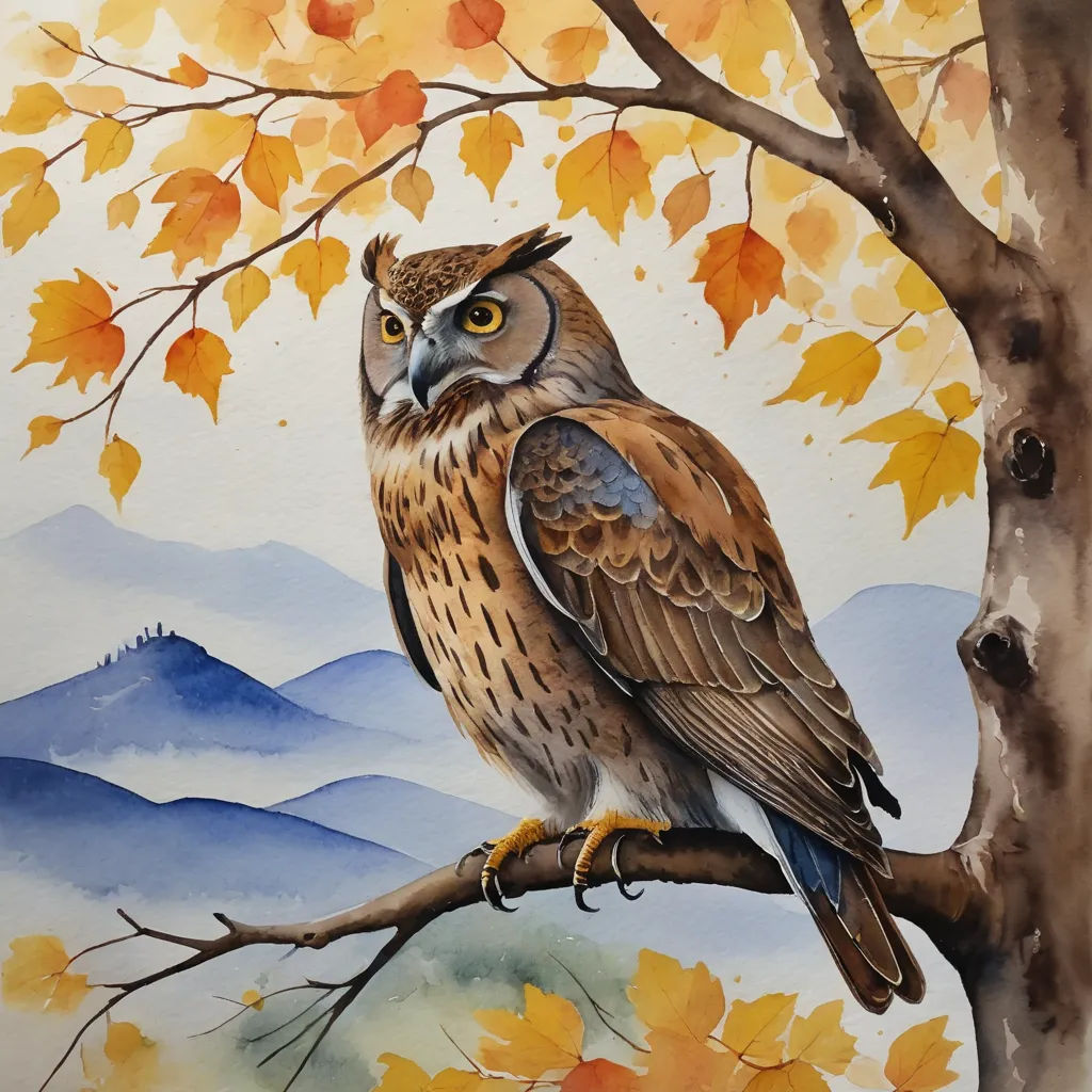 a painting of an owl perched on a tree branch with autumn leaves around it and mountains in the background, modern european ink painting, a watercolor painting, Carol Sutton, watercolor