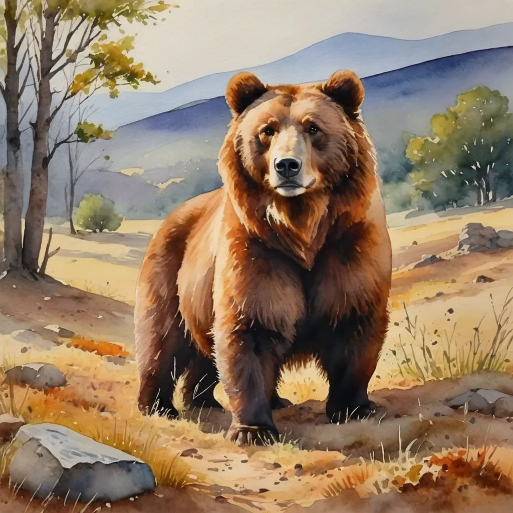 a painting of a brown bear standing in a field with trees and rocks in the background and a mountain range in the distance, american scene painting, a watercolor painting, Bob Thompson, watercolor