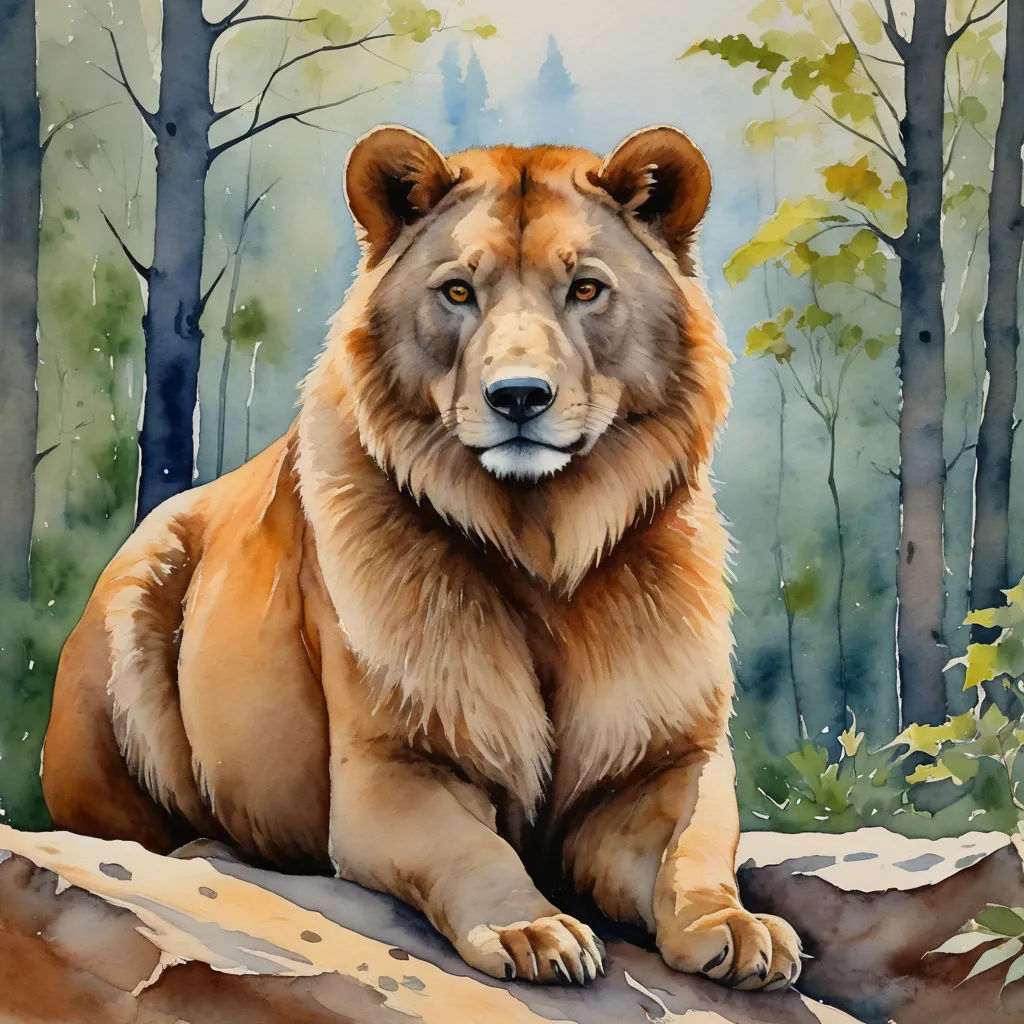 a painting of a bear sitting on a rock in the woods with trees in the background and snow falling on the ground, american scene painting, a watercolor painting, Alison Kinnaird, watercolor