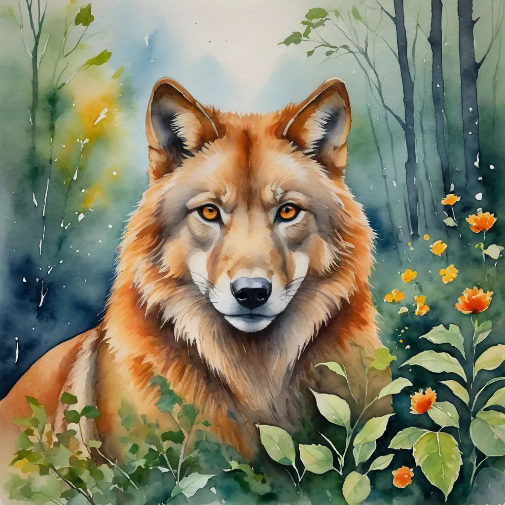 a painting of a wolf in a forest with flowers and trees in the background, with a blue sky and white background, modern european ink painting, a watercolor painting, Caspar Wolf, watercolor