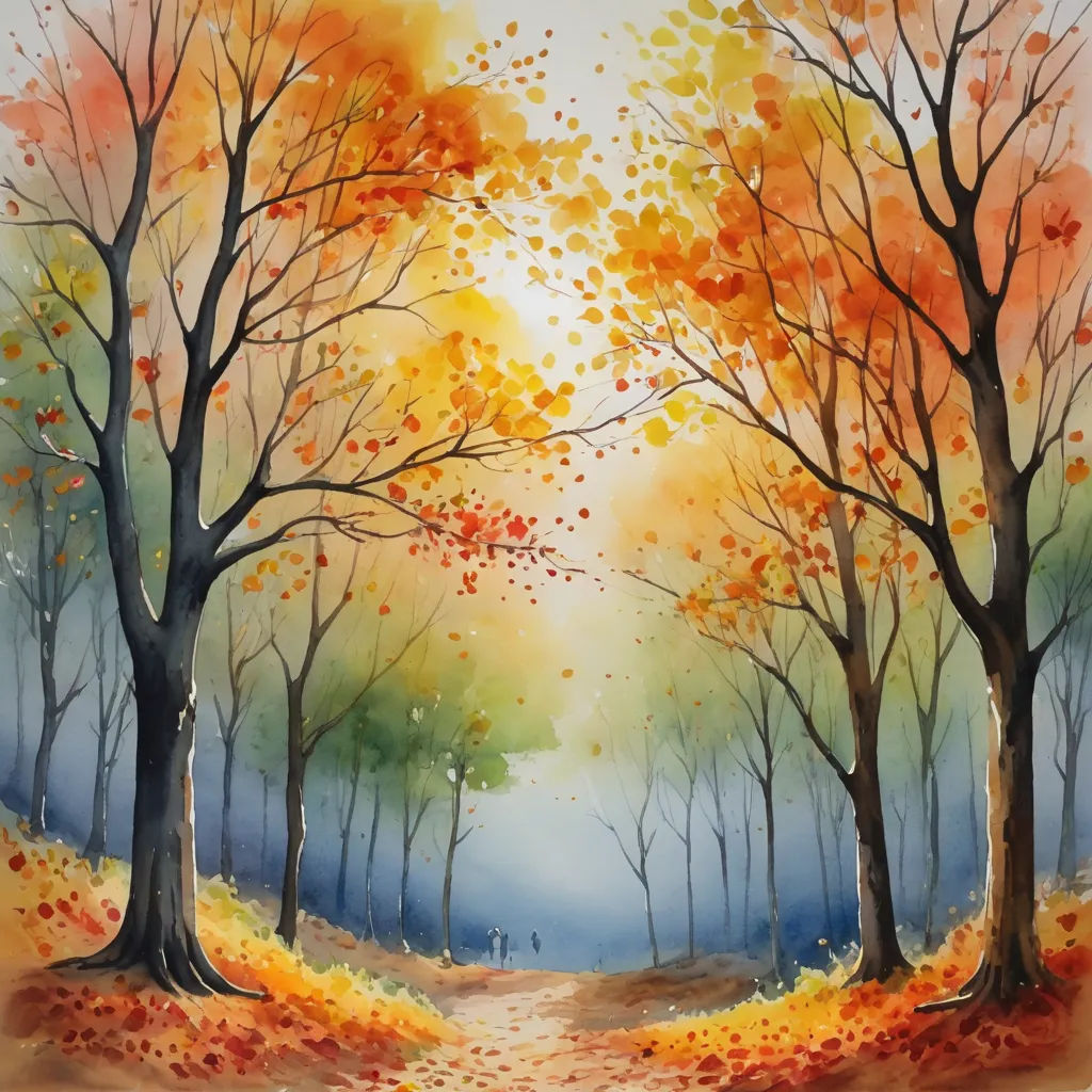a painting of a path through a forest with trees and leaves on it, with the sun shining through the trees, american scene painting, an airbrush painting, David Martin, watercolor