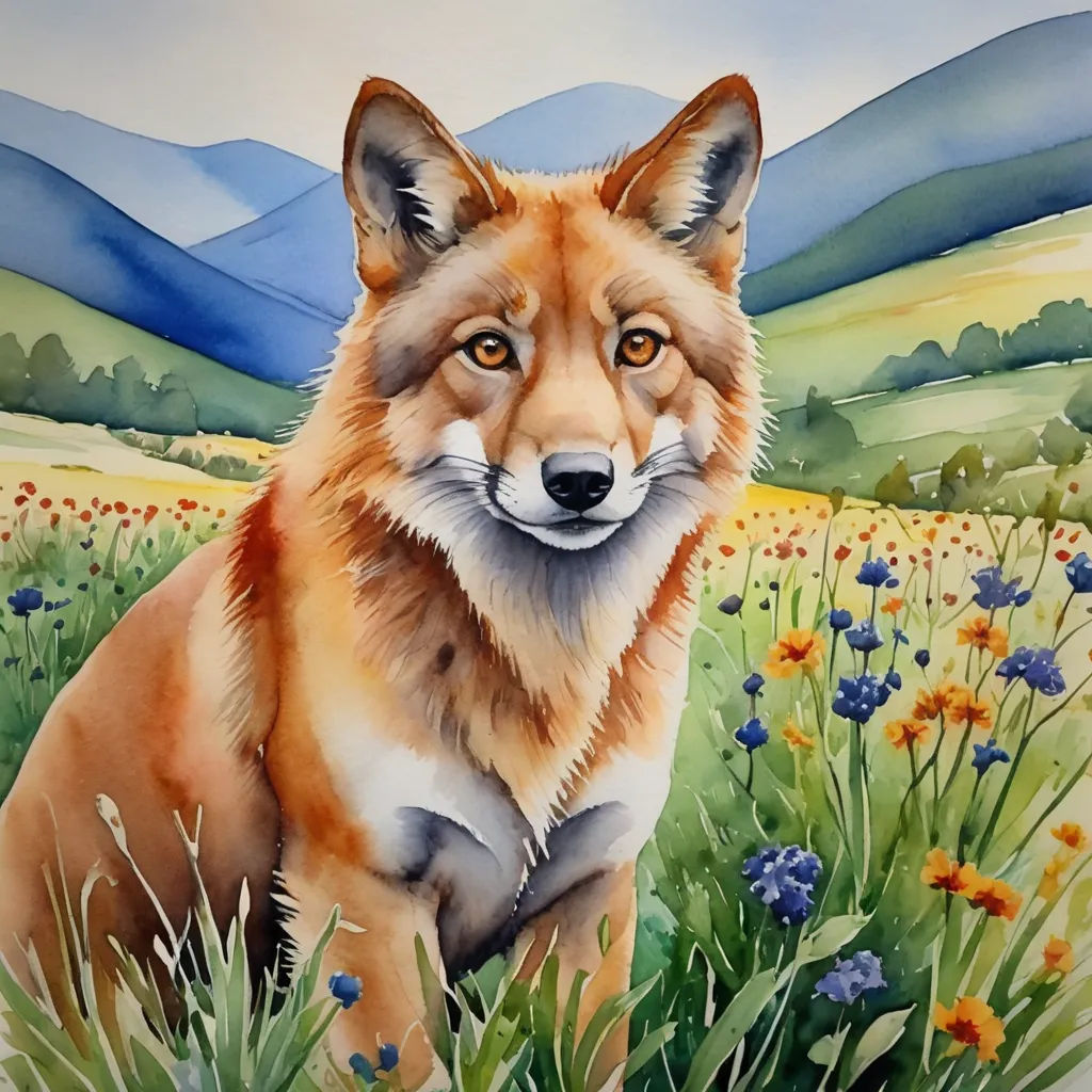 a painting of a fox sitting in a field of flowers and grass with mountains in the background and a blue sky, furry art, a watercolor painting, Carol Sutton, in gouache detailed paintings