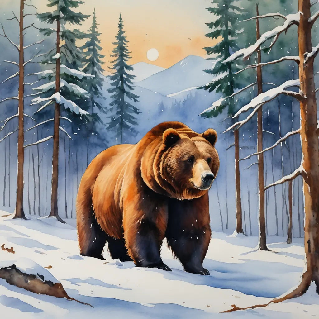 a painting of a bear in the snow in a forest with trees and a moon in the background,, american scene painting, a watercolor painting, Bob Thompson, in gouache detailed paintings