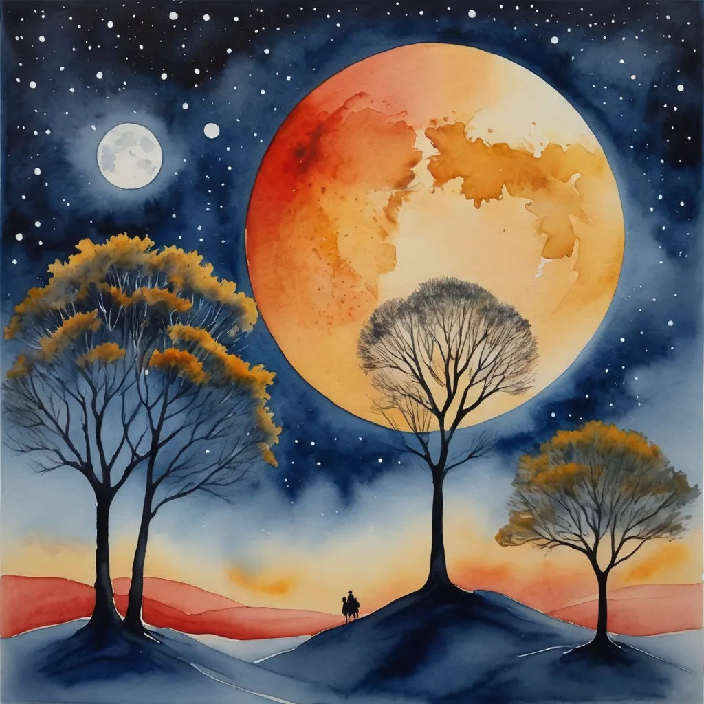 a painting of a man standing in the middle of a field under a full moon with trees and a man standing in the distance, metaphysical painting, an airbrush painting, Alison Kinnaird, airbrush on canvas