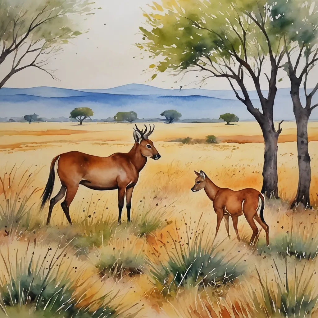 a painting of a mother and baby deer in a field with trees and hills in the background, with a baby deer standing in the foreground, american scene painting, an airbrush painting, Douglas Robertson Bisset, oil painting