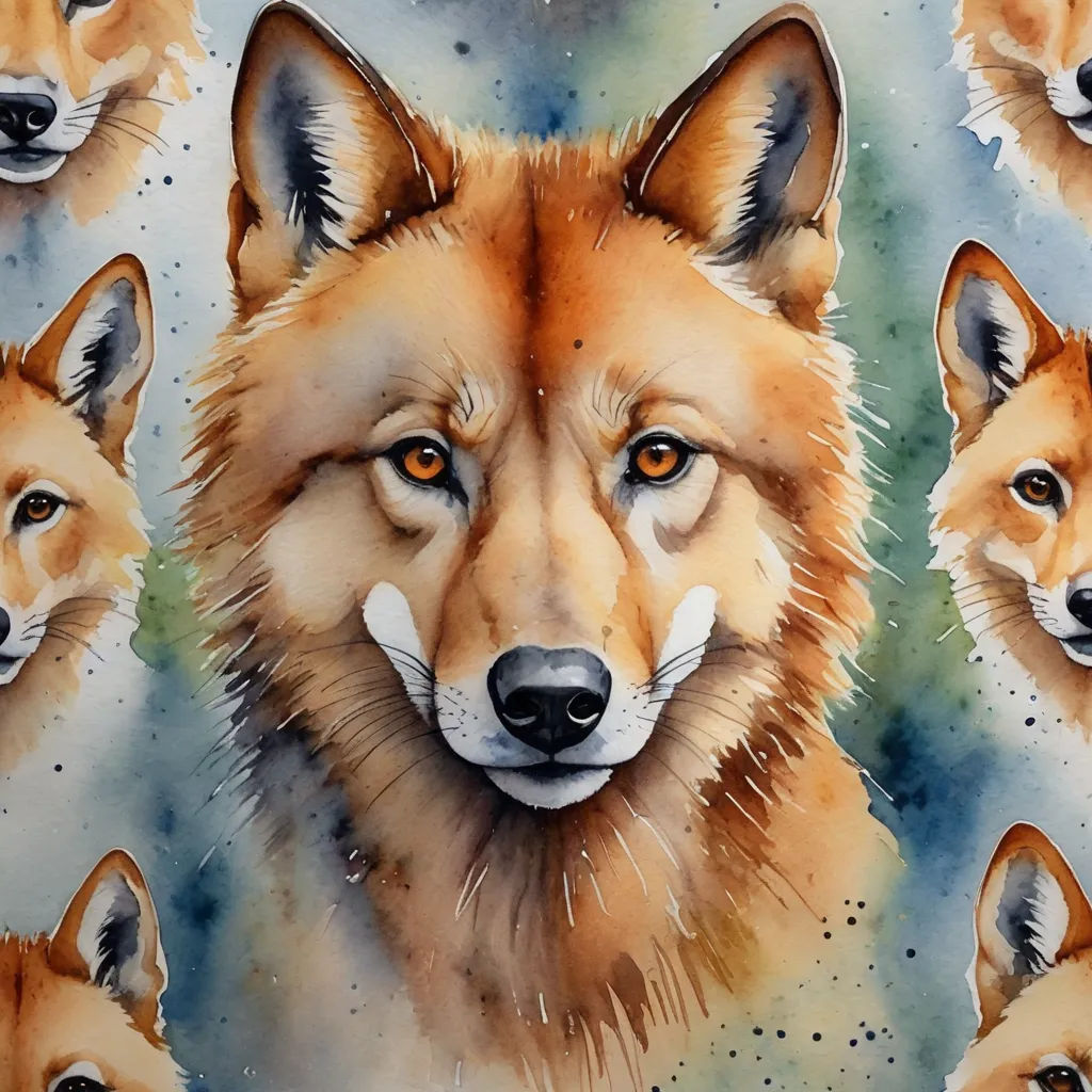 a painting of a fox with orange eyes and a white nose and nose ring on a blue background with other foxes, furry art, an airbrush painting, Caspar Wolf, airbrush on canvas